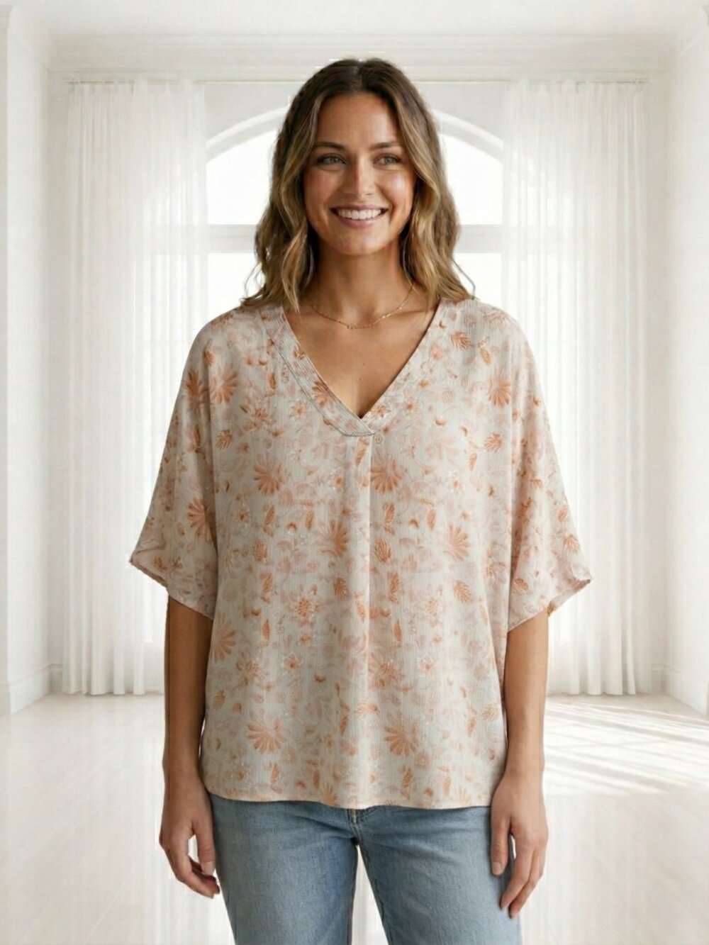 Cotton Bleu Boho Floral Flowy Blouse Peach Tan Neutral Relaxed Top